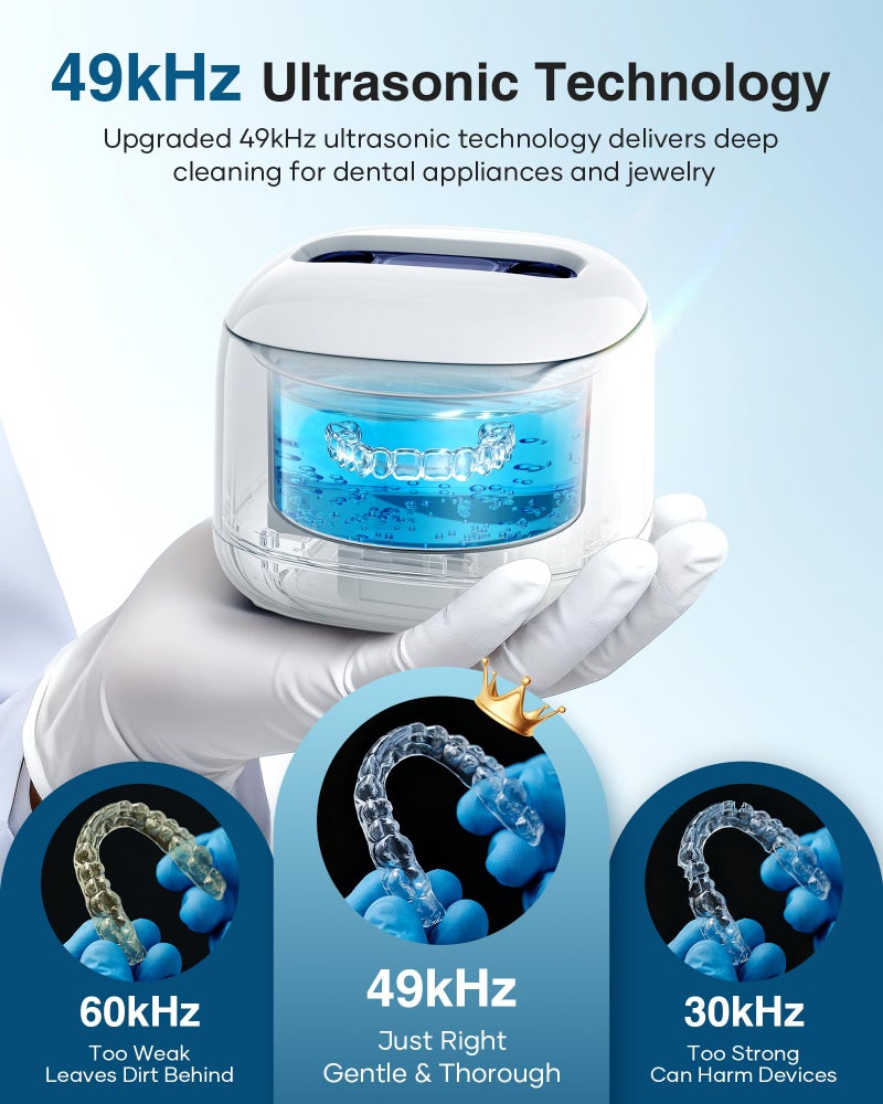 TENKER Ultrasonic Retainer Cleaner Machine, 49kHz Dental Cleaning Pod for Night Guards, Mouth Guards, Aligner, Braces, Toothbrush, Jewelry, Dentures, Ultrasonic Cleaner for Oral Dental Care, 220ML, White - Image 2