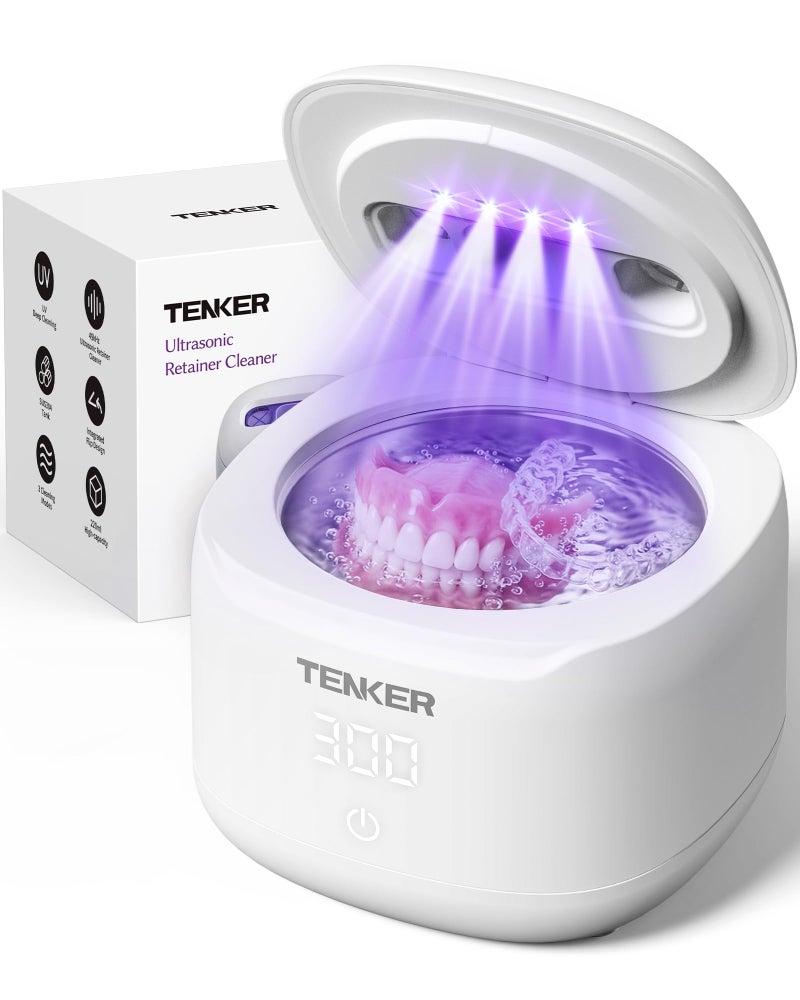 TENKER Ultrasonic Retainer Cleaner Machine, 49kHz Dental Cleaning Pod for Night Guards, Mouth Guards, Aligner, Braces, Toothbrush, Jewelry, Dentures, Ultrasonic Cleaner for Oral Dental Care, 220ML, White - Image 1