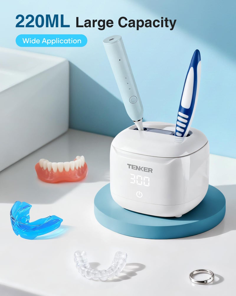 TENKER Ultrasonic Retainer Cleaner Machine, 49kHz Dental Cleaning Pod for Night Guards, Mouth Guards, Aligner, Braces, Toothbrush, Jewelry, Dentures, Ultrasonic Cleaner for Oral Dental Care, 220ML, White - Image 5