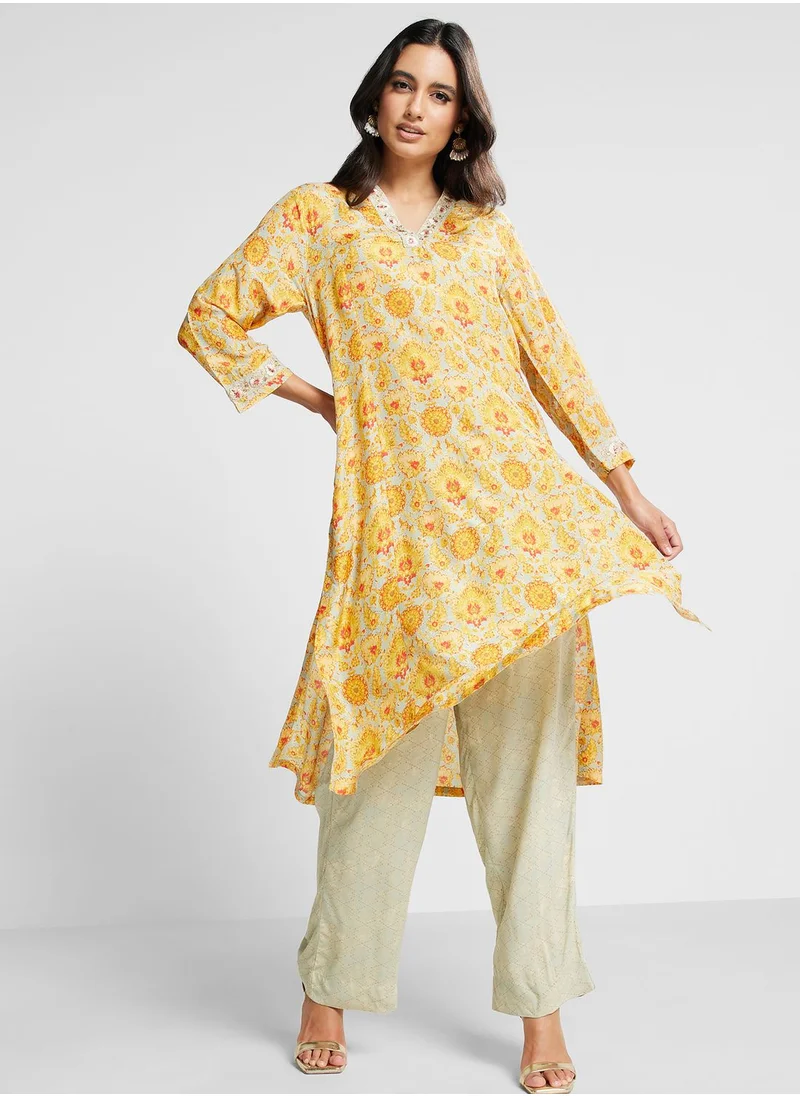 Biba V-Neck Printed Kurti & Pants Set