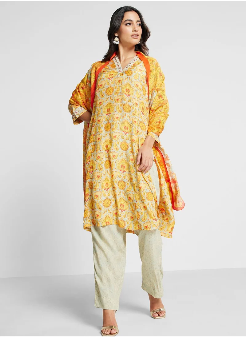 Biba V-Neck Printed Kurti & Pants Set