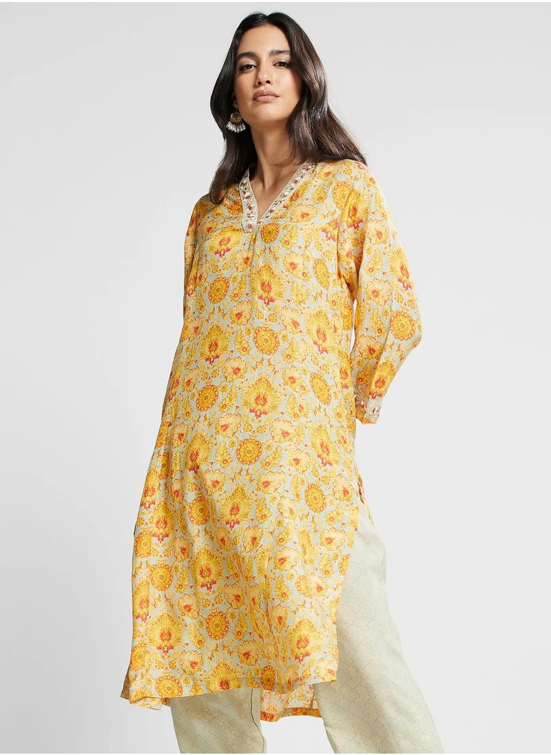 Biba V-Neck Printed Kurti & Pants Set