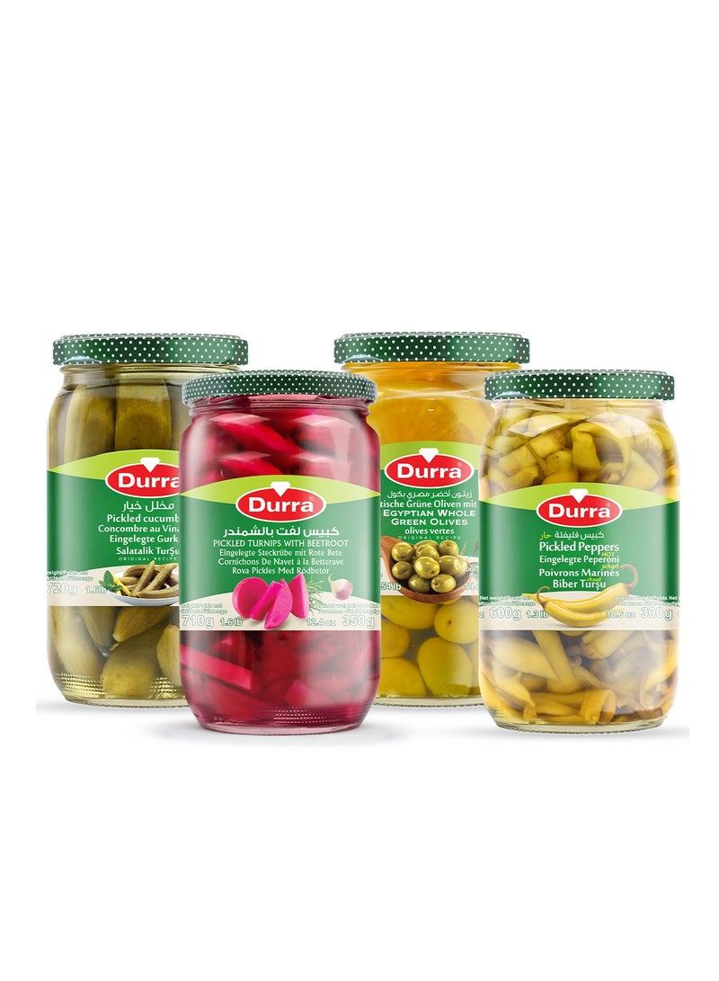 DURRA( Green Olive 700g - Pickled Cucumber 720g - Pickled Peppers Hot 600g - Pickled Turnip with Beetroot 710g ) - Image 1