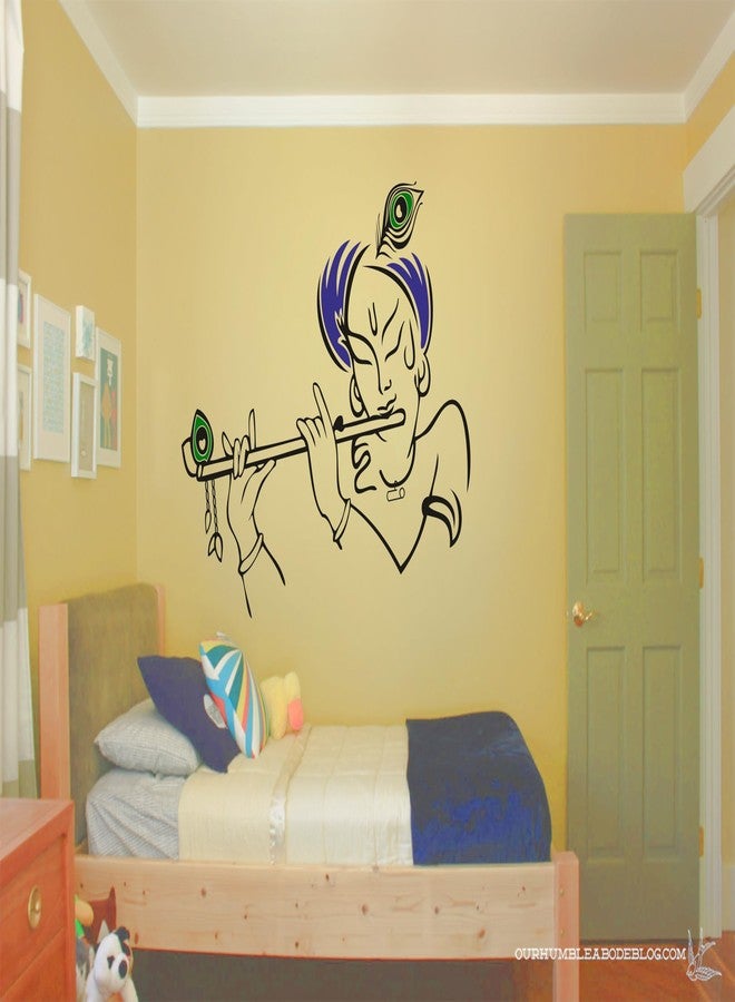 RNG ملصق جداري لطيف لغرفة الأطفال بتصميم إله كريشنا مع مزمار (فينيل، حجم متوسط، أسود وأزرق) - Image 5