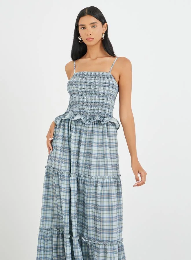 Take Two Take Two Checked Print Ruffled Detail Strappy Maxi Dress