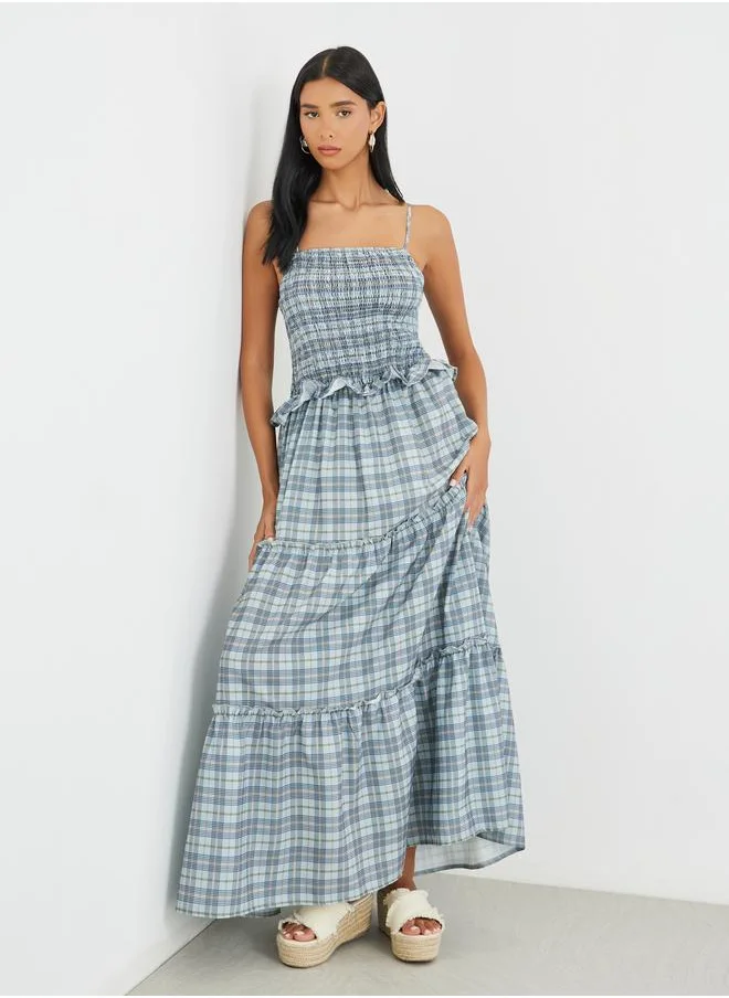 تايك تو Take Two Checked Print Ruffled Detail Strappy Maxi Dress