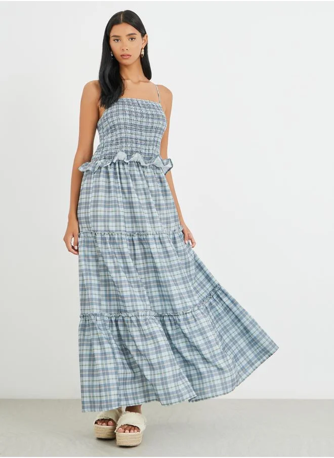تايك تو Take Two Checked Print Ruffled Detail Strappy Maxi Dress