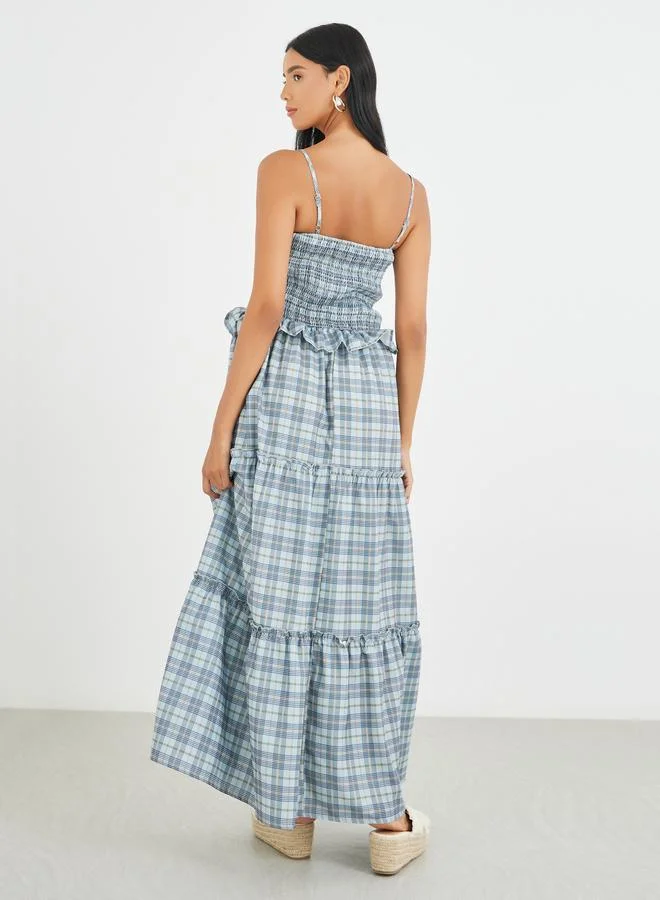 Take Two Take Two Checked Print Ruffled Detail Strappy Maxi Dress