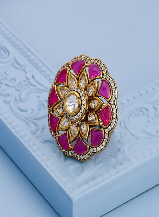 KUSHAL'S Fashion Jewellery Ruby Victorian Polished Copper Kundan adjustable Finger Ring, Best for Bridesmaid & Special Occasion - 449676 - Image 2