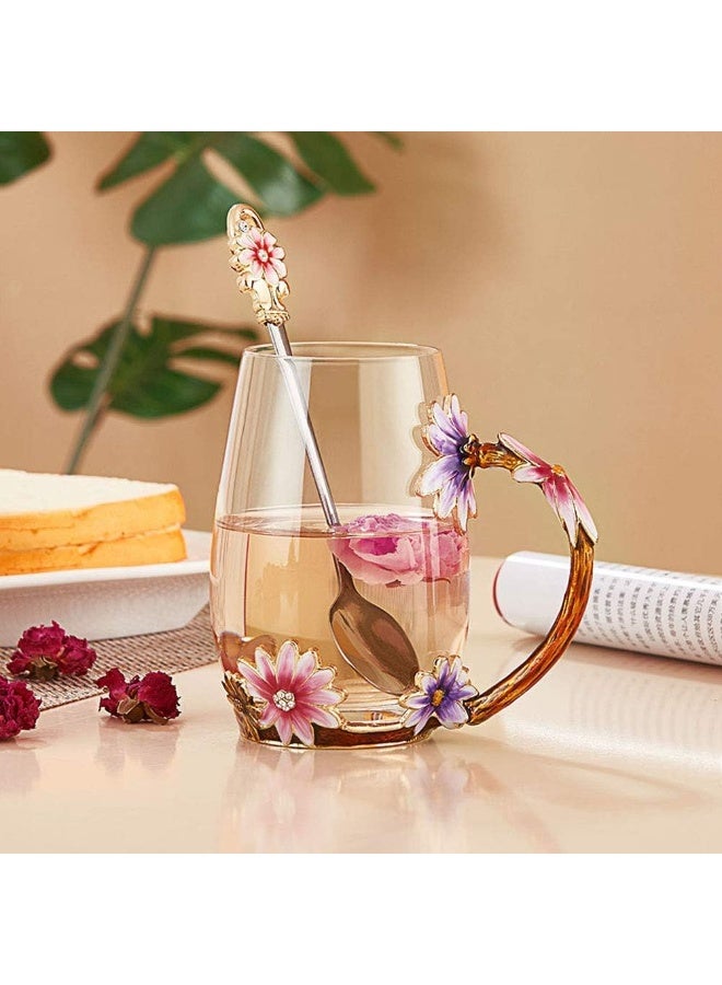 Luka Tech Enamel flower Lead-free Glass Coffee Mugs Tea Cup with Steel Spoon, Best Birthday Gifts For Women Wife Mom Friends Mothers Valentines Day Christmas (Purple-Tall) - Image 5