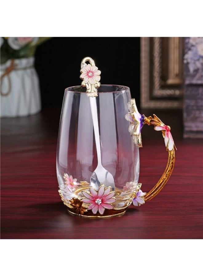 Luka Tech Enamel flower Lead-free Glass Coffee Mugs Tea Cup with Steel Spoon, Best Birthday Gifts For Women Wife Mom Friends Mothers Valentines Day Christmas (Purple-Tall) - Image 4