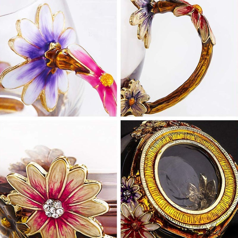 Luka Tech Enamel flower Lead-free Glass Coffee Mugs Tea Cup with Steel Spoon, Best Birthday Gifts For Women Wife Mom Friends Mothers Valentines Day Christmas (Purple-Tall) - Image 3