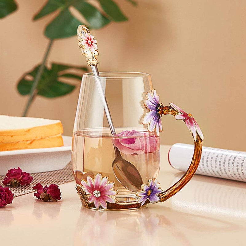 Luka Tech Enamel flower Lead-free Glass Coffee Mugs Tea Cup with Steel Spoon, Best Birthday Gifts For Women Wife Mom Friends Mothers Valentines Day Christmas (Purple-Tall) - Image 1