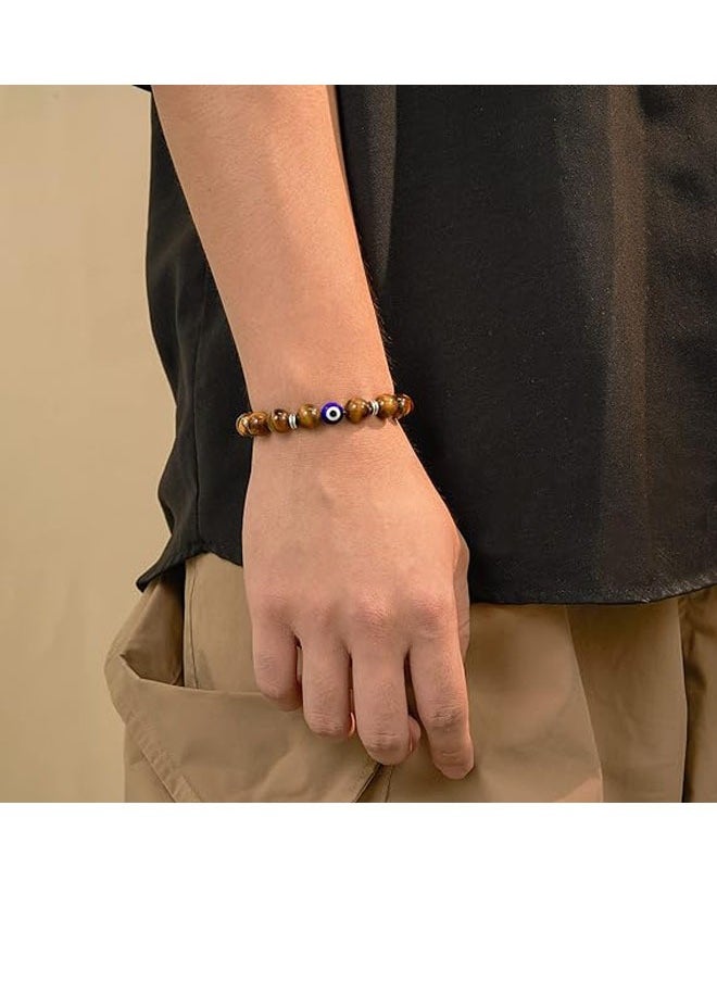 JEEJPV Evil Eye Bracelet for Men Natural Stone Bracelet Protection Good Luck Amulet for Boy Brown  - Image 4