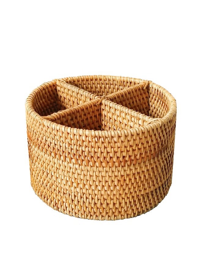 i-lan Handwoven Rattan 4 Compartments Storage Box Cosmetics Organizer Utensil and Bottle Serving Basket 200mm 4-compartment Round Box Beige 6660508 - Image 1
