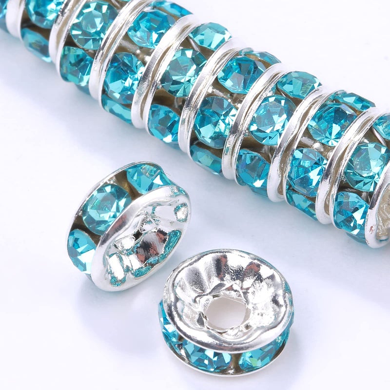 Weebee 100Pcs Rondelle Spacer Beads Crystal Charms Silver Plated Czech Rhinestone Loose Beads for Jewelry Making DIY Bracelets Aquamarine 4mm