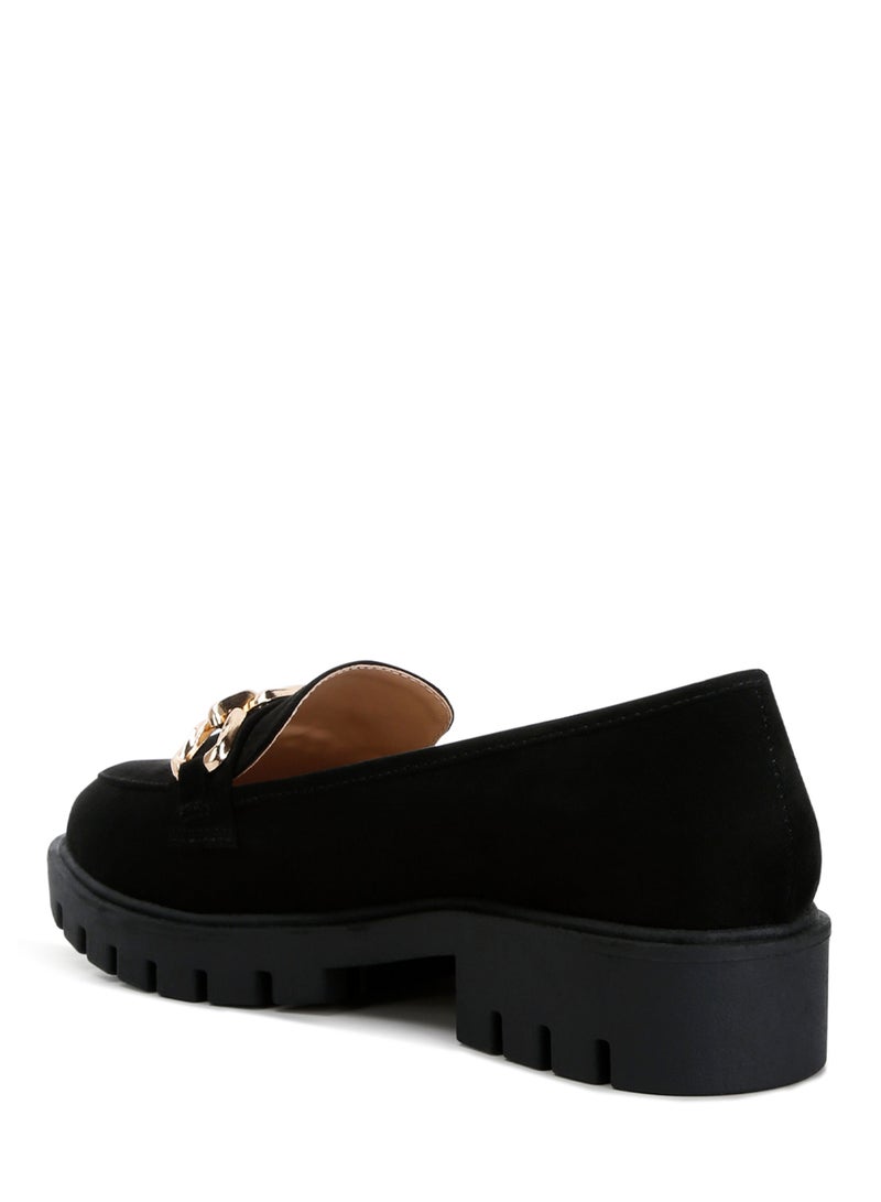 London Rag Women's Micro Suede Metal Chain Link Loafers in Black - Image 3
