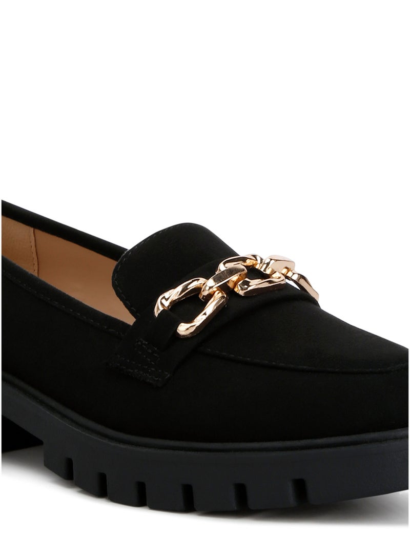 London Rag Women's Micro Suede Metal Chain Link Loafers in Black - Image 5