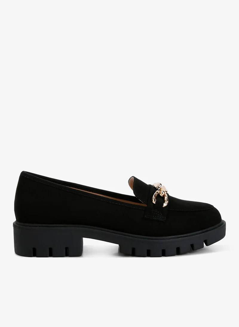 London Rag London Rag Women's Micro Suede Metal Chain Link Loafers in Black