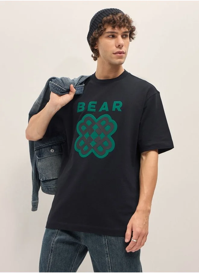 THE BEAR HOUSE Men's Black Oversize Graphic Design Crew Neck T-shirt Perfect For Casual Wear, Gym, Travel, Or Layering Stylish And Versatile Essential For Every Wardrobe