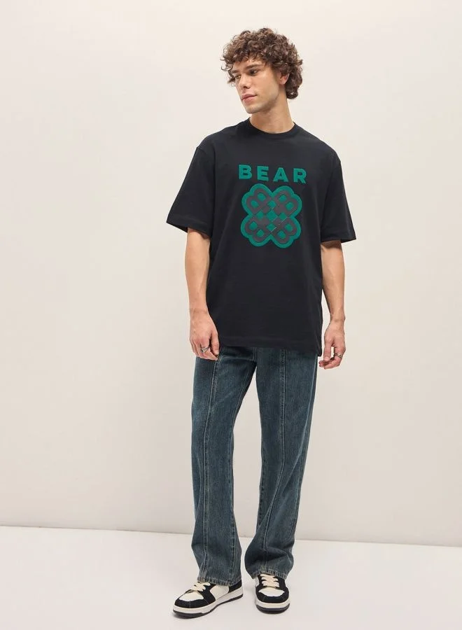 THE BEAR HOUSE Men's Black Oversize Graphic Design Crew Neck T-shirt Perfect For Casual Wear, Gym, Travel, Or Layering Stylish And Versatile Essential For Every Wardrobe