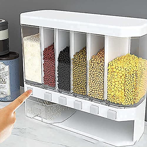 AEXONIZ TOYS AEXONIZ TOYS Kitchen Storage Container Wall Mounted Cereal Plastic Dispenser 6 Grid Dry Food Dispenser Space Saving Storage Containers for Cereal Rice Nuts Candy Coffee Bean Snack Grain  - Image 3