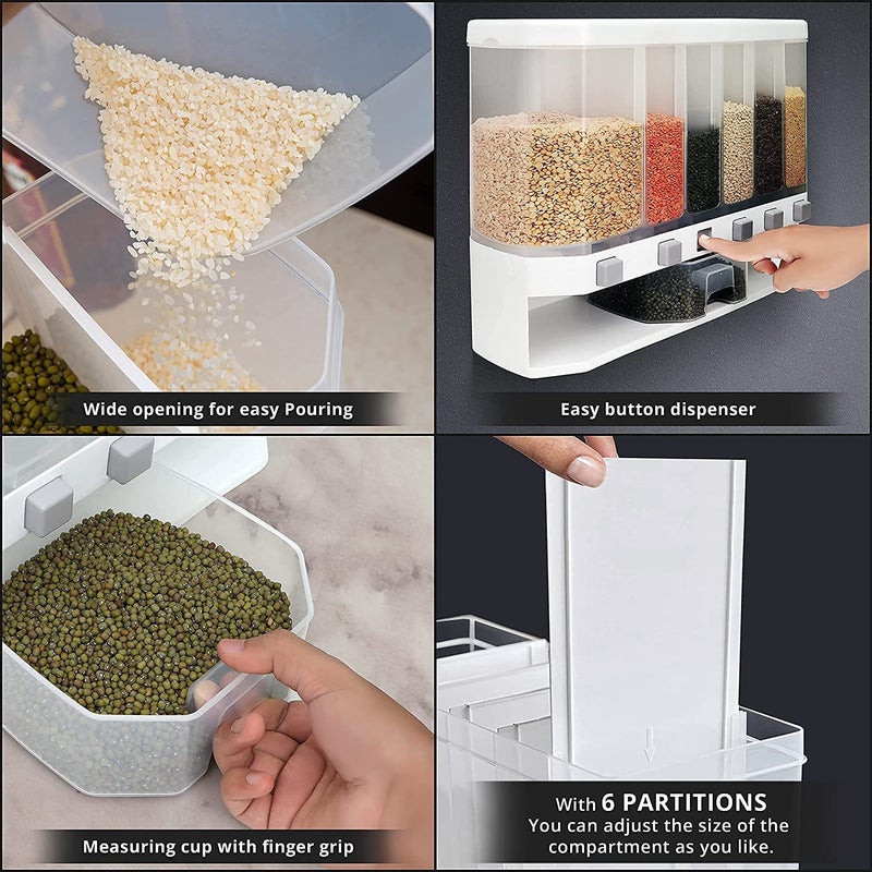 AEXONIZ TOYS AEXONIZ TOYS Kitchen Storage Container Wall Mounted Cereal Plastic Dispenser 6 Grid Dry Food Dispenser Space Saving Storage Containers for Cereal Rice Nuts Candy Coffee Bean Snack Grain  - Image 5
