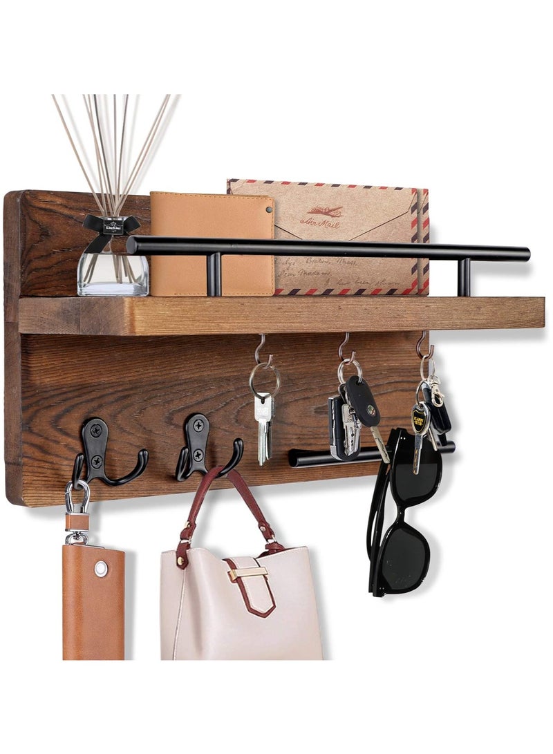 Hihonor Wall Mounted Key Holder / Hangers for Wall Decorative with 5 Key Hooks, Wooden Mail Rack Organizer with Shelf, Rustic Home Decor for Entryway Mudroom Hallway Office, Brown - Image 1