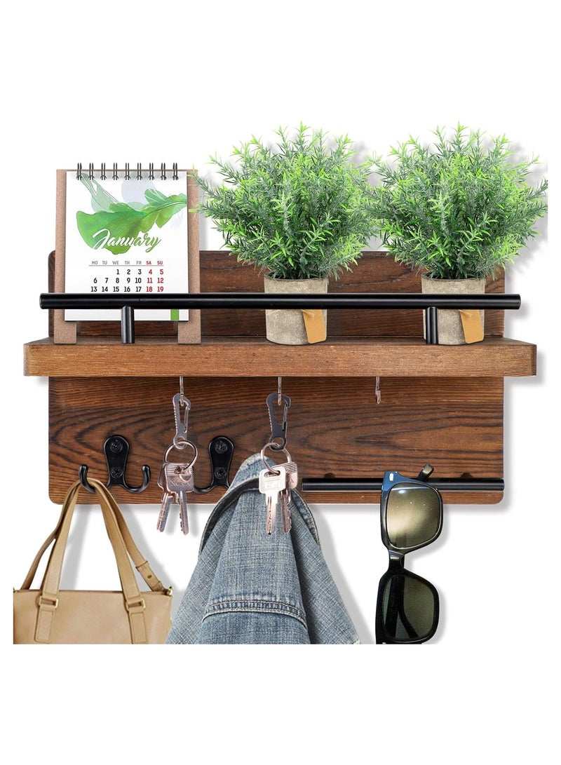 Hihonor Wall Mounted Key Holder / Hangers for Wall Decorative with 5 Key Hooks, Wooden Mail Rack Organizer with Shelf, Rustic Home Decor for Entryway Mudroom Hallway Office, Brown - Image 2