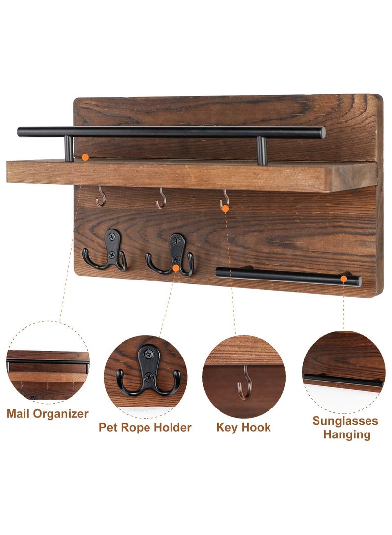 Hihonor Wall Mounted Key Holder / Hangers for Wall Decorative with 5 Key Hooks, Wooden Mail Rack Organizer with Shelf, Rustic Home Decor for Entryway Mudroom Hallway Office, Brown - Image 4