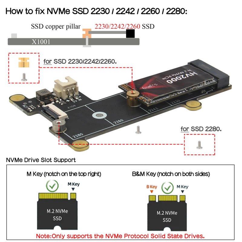 Geekworm X1001 PCIe to M.2 HAT Key-M NVMe SSD PIP PCIe Peripheral Board for Raspberry Pi 5 Support M.2 2230/2242/2260/2280 SSD - Image 3