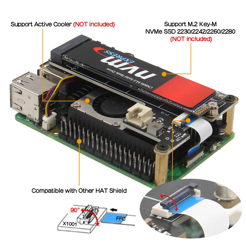 Geekworm X1001 PCIe to M.2 HAT Key-M NVMe SSD PIP PCIe Peripheral Board for Raspberry Pi 5 Support M.2 2230/2242/2260/2280 SSD - Image 4