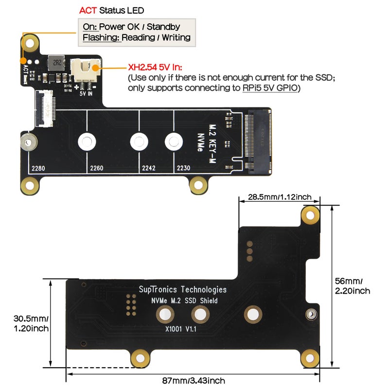 Geekworm X1001 PCIe to M.2 HAT Key-M NVMe SSD PIP PCIe Peripheral Board for Raspberry Pi 5 Support M.2 2230/2242/2260/2280 SSD - Image 2