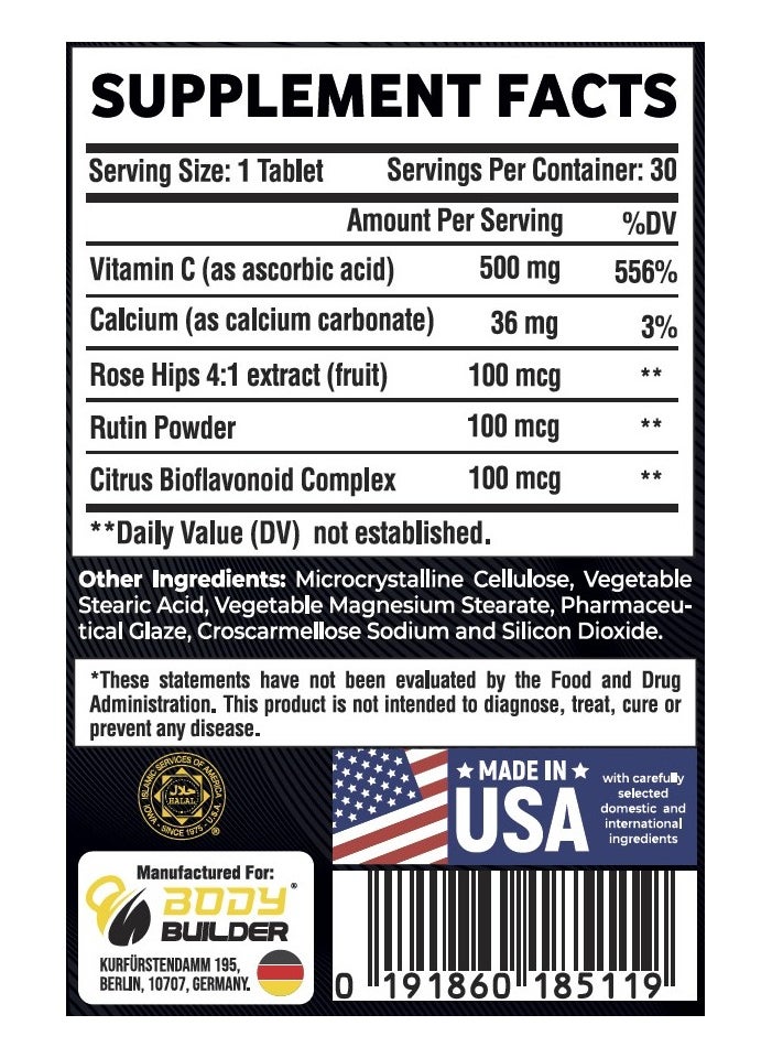 Body Builder Vitamin C 500 mg 30 Tablets-Manufactured in USA FDA,GMP Certified Facility- Supports Immune Health Rich in Antioxidants  - Image 2