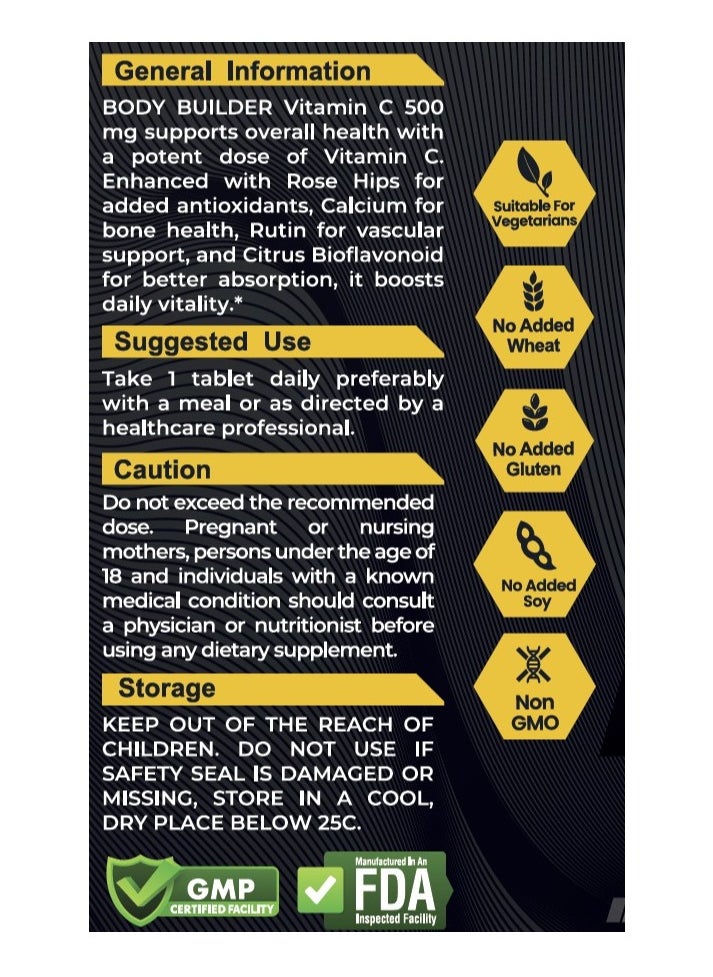 Body Builder Vitamin C 500 mg 30 Tablets-Manufactured in USA FDA,GMP Certified Facility- Supports Immune Health Rich in Antioxidants  - Image 3