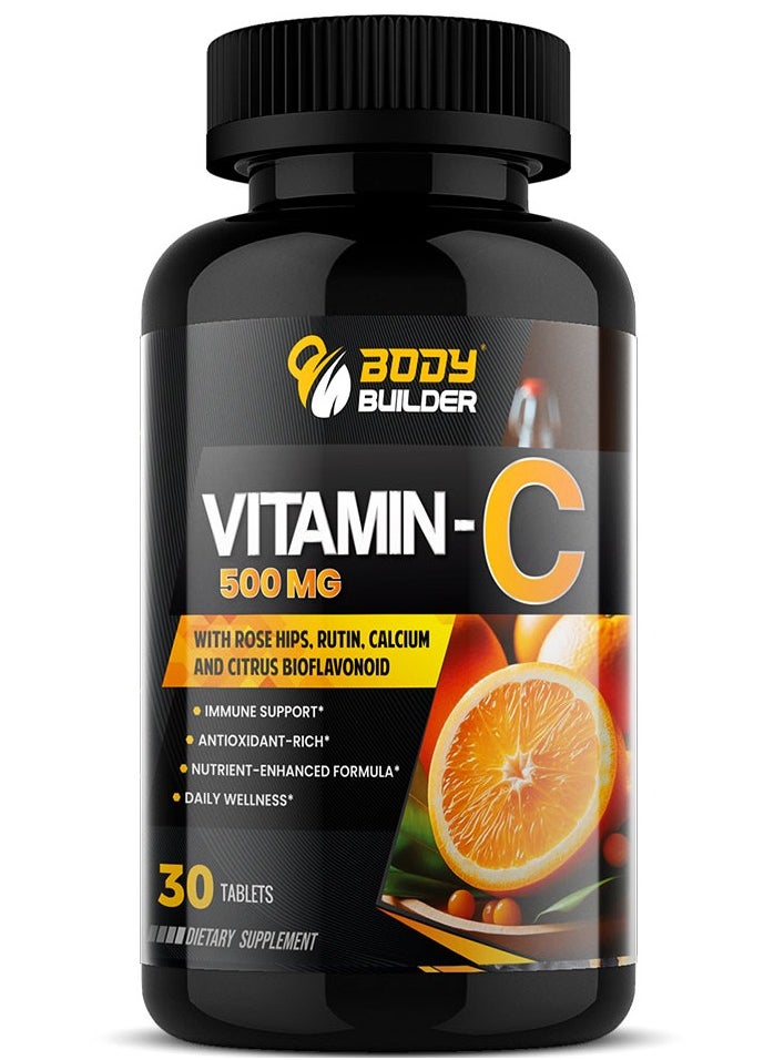 Body Builder Vitamin C 500 mg 30 Tablets-Manufactured in USA FDA,GMP Certified Facility- Supports Immune Health Rich in Antioxidants  - Image 1