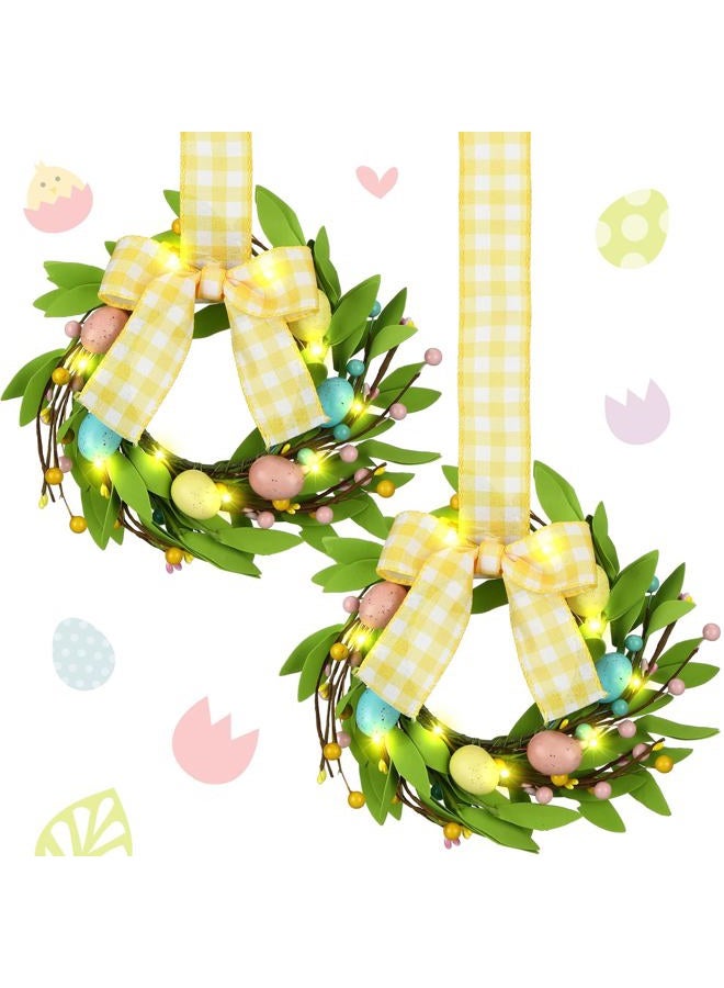 Syhood 2 Pieces 9" Mini Easter Wreath with Lights Easter Wreaths for Front Door Decorative Eggs Wreath Farmhouse Kitchen Cabinet Wreaths with Ribbon for Porch Wall Window Decor - Image 1