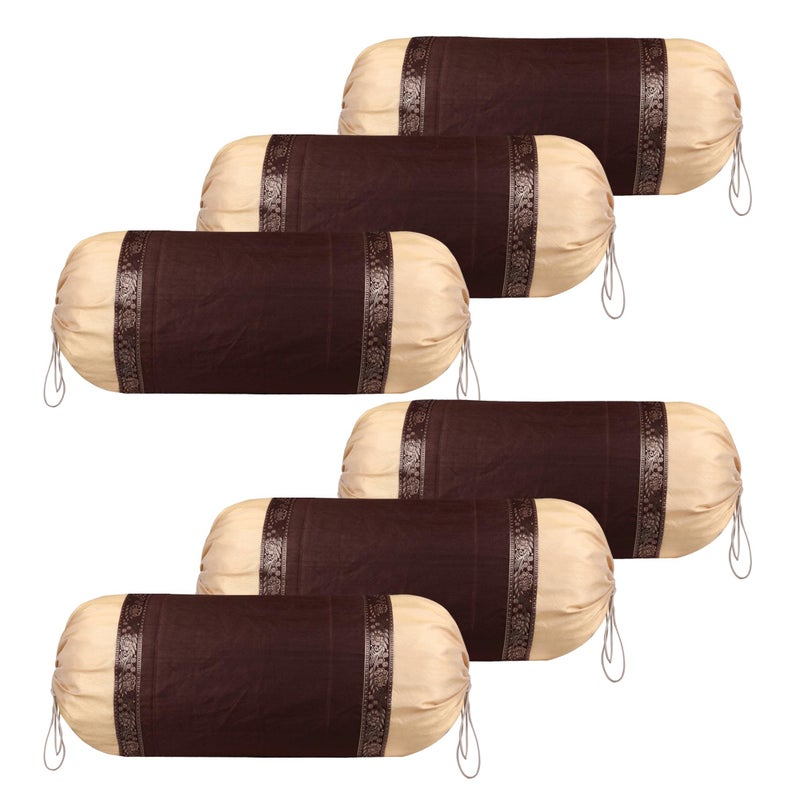 Kuber Industries Bolster Covers | Dupion Polyester Bolster Cover Set | Diwan Bolster Cover Set | Lace Design Masand Cover | 16x32 Inch | Pack of 6 | Brown - Image 1