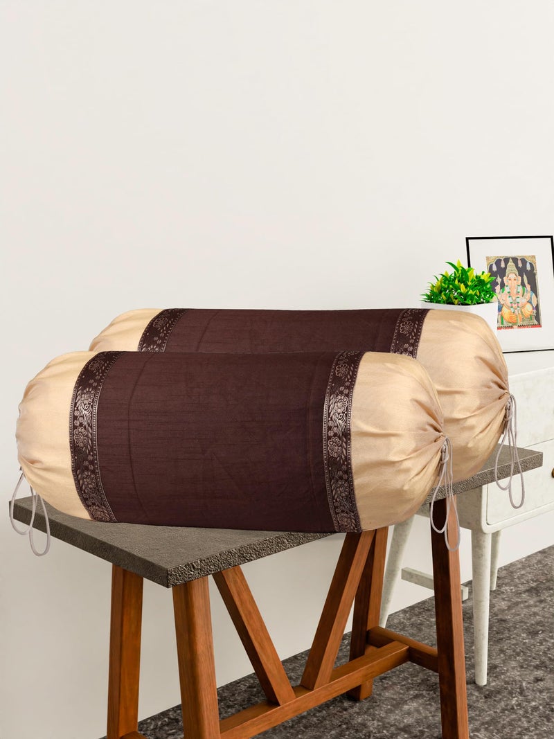 Kuber Industries Bolster Covers | Dupion Polyester Bolster Cover Set | Diwan Bolster Cover Set | Lace Design Masand Cover | 16x32 Inch | Pack of 6 | Brown - Image 2
