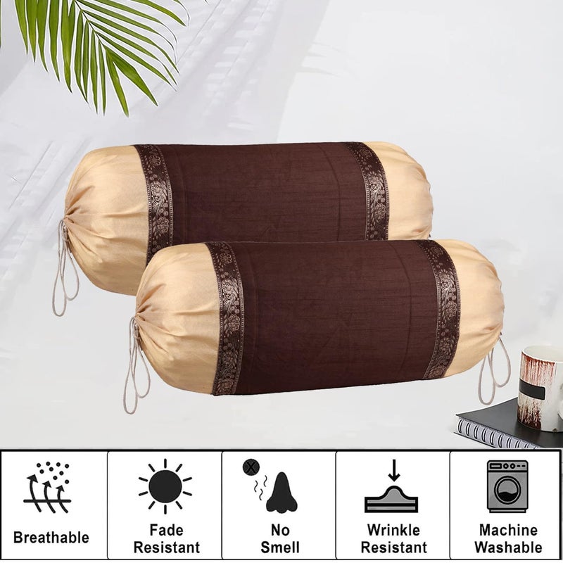 Kuber Industries Bolster Covers | Dupion Polyester Bolster Cover Set | Diwan Bolster Cover Set | Lace Design Masand Cover | 16x32 Inch | Pack of 6 | Brown - Image 5