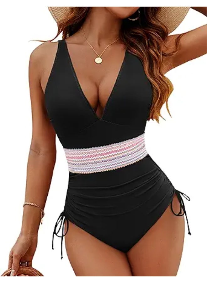 Showday Women's One-Piece Tummy Control Swimsuit – Deep V Neck High Waist Swimwear with Adjustable Side Drawstrings - Image 1