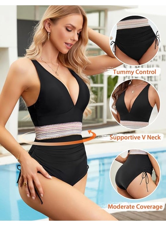 Showday Women's One-Piece Tummy Control Swimsuit – Deep V Neck High Waist Swimwear with Adjustable Side Drawstrings - Image 4