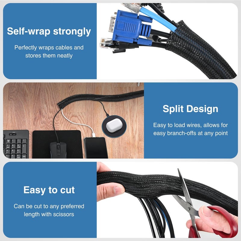 Nilight Cable Sleeve, 10ft-1inch Cable Management Sleeves, Braided Cable Sleeving, Split Self Wrapping Wire Loom for Computer Cable Electrical Wire Automotive Harness Protector Organizer, Black - Image 3