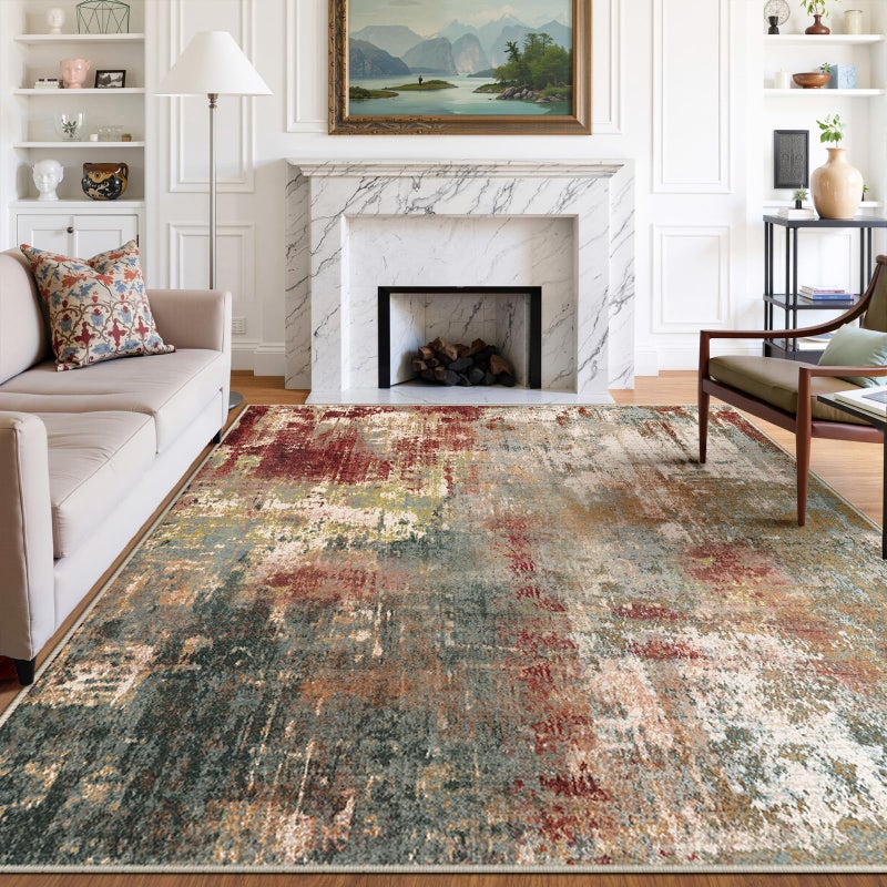RELEANY Washable Area Rugs 5'x7' Non-Slip Modern Abstract Soft for Living Room Entryway Bedroom Nursery, Print Pattern, Brown Rust Red Green Blue Multi - Image 4