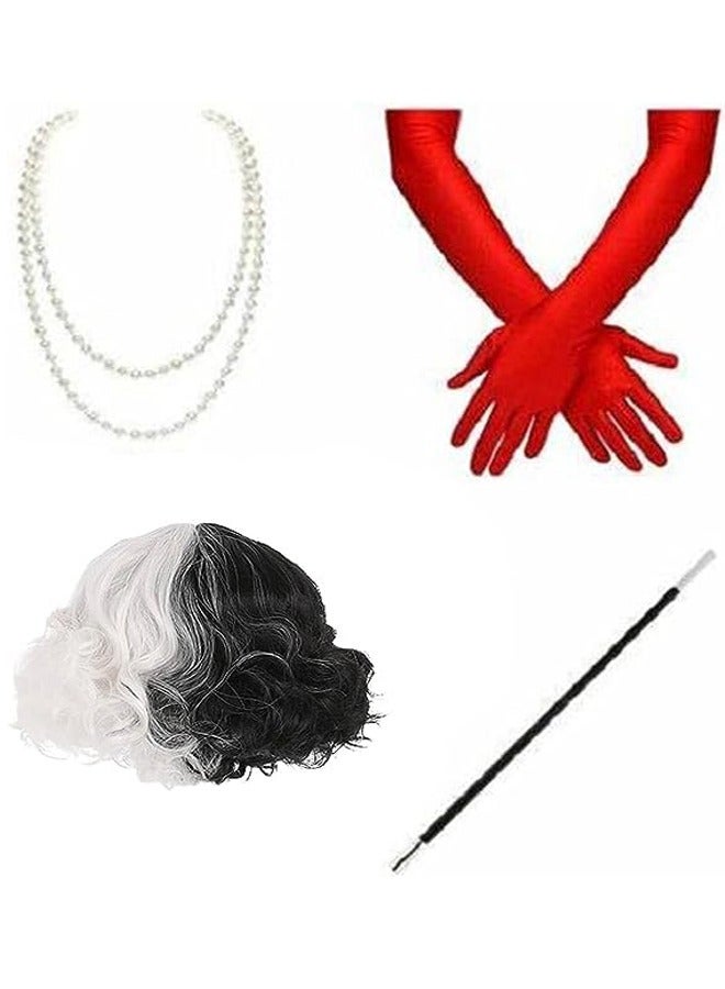 Brain Giggles Brain Giggles Cosplay Wig Props Curly Half Black And Half White Heat Resistant Hair Wigs Gloves Necklace Cosplay Set  - Image 1