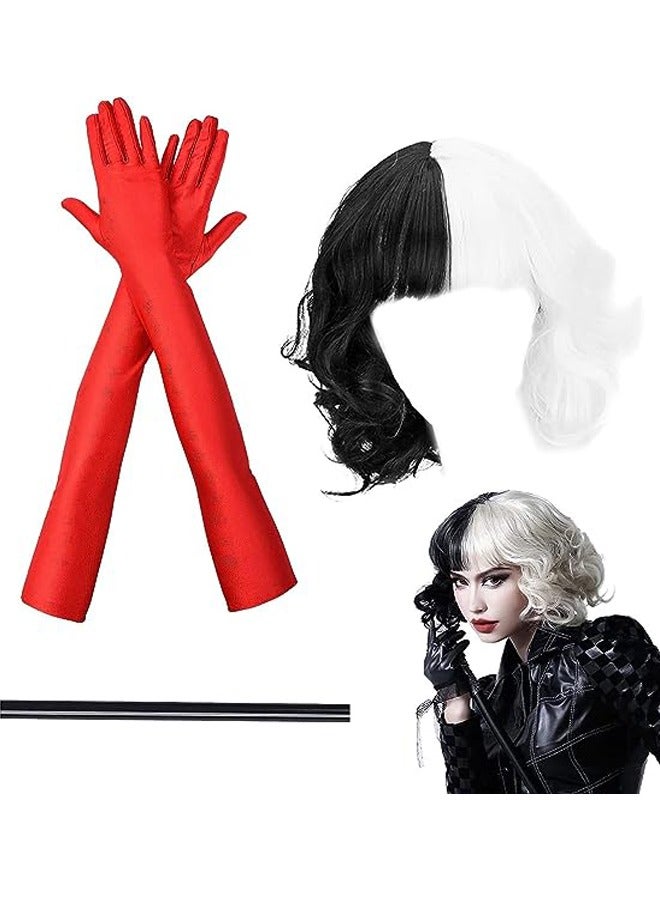 Brain Giggles Brain Giggles Cosplay Wig Props Curly Half Black And Half White Heat Resistant Hair Wigs Gloves Necklace Cosplay Set  - Image 5