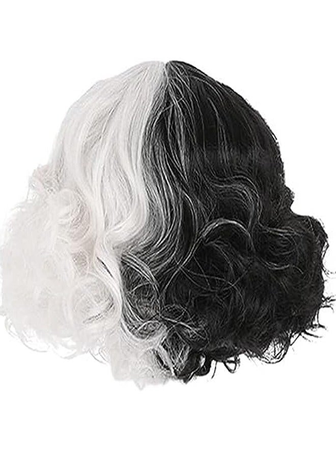 Brain Giggles Brain Giggles Cosplay Wig Props Curly Half Black And Half White Heat Resistant Hair Wigs Gloves Necklace Cosplay Set  - Image 3