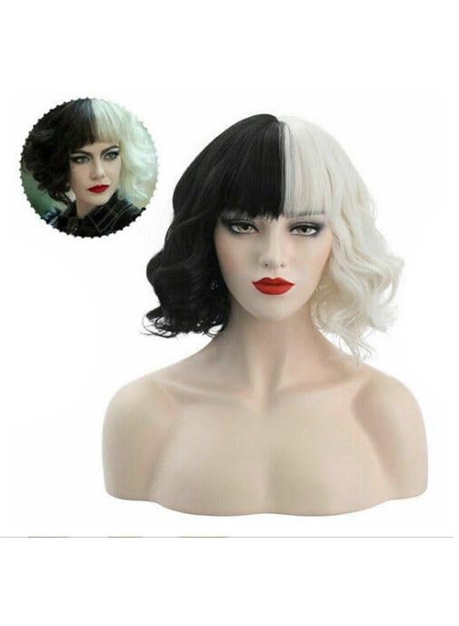 Brain Giggles Brain Giggles Cosplay Wig Props Curly Half Black And Half White Heat Resistant Hair Wigs Gloves Necklace Cosplay Set  - Image 4