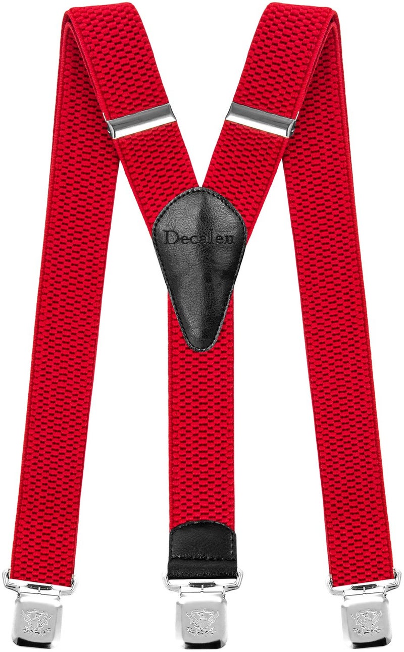 Decalen Mens Suspenders with Very Strong Clips Heavy Duty Braces One Size Fits All Big and Tall Wide Adjustable and Elastic Y Shape (Red) - Image 1