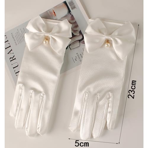 YUISI Ladies Lace Gloves/Bridal Wedding Lace Satin Gloves/White Princess Gown Gloves for Women, White Wedding Gloves for Masquerade, Party (A) - Image 5
